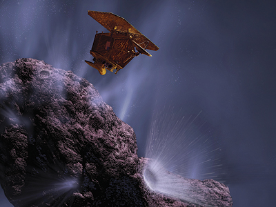 A 3D illustration of Deep Impact hitting a comet.